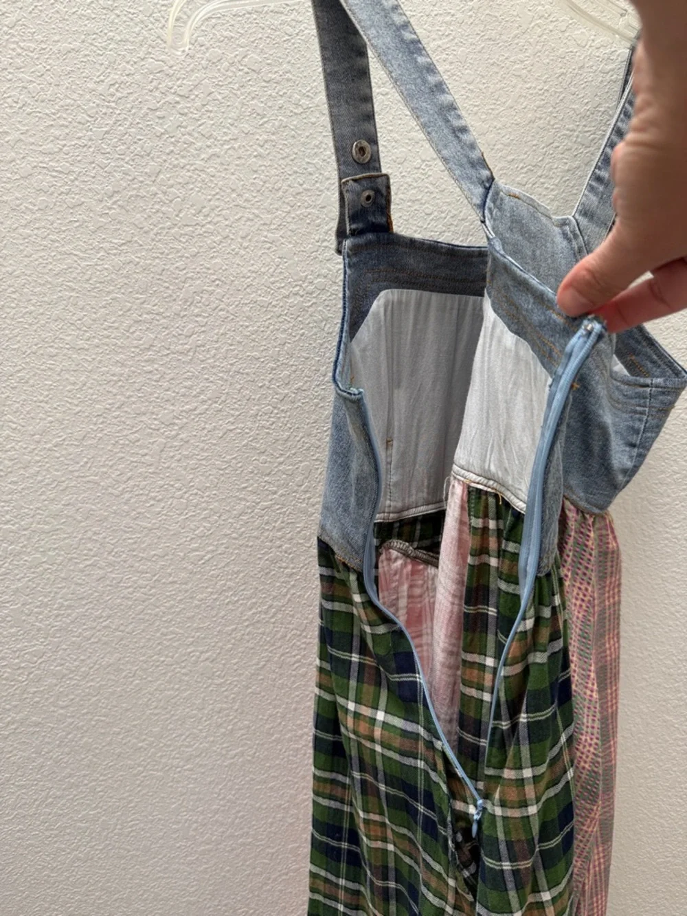 Ces Femme Denim Bodice Patchwork Plaid Maxi Dress - Green & Pink size Small - Picture 5 of 11